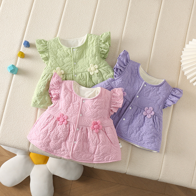 Bebé femenino invierno nuevo chaleco falda ropa exterior cálida más terciopelo estilo occidental mangas voladoras flores lindo chaleco infantil marea