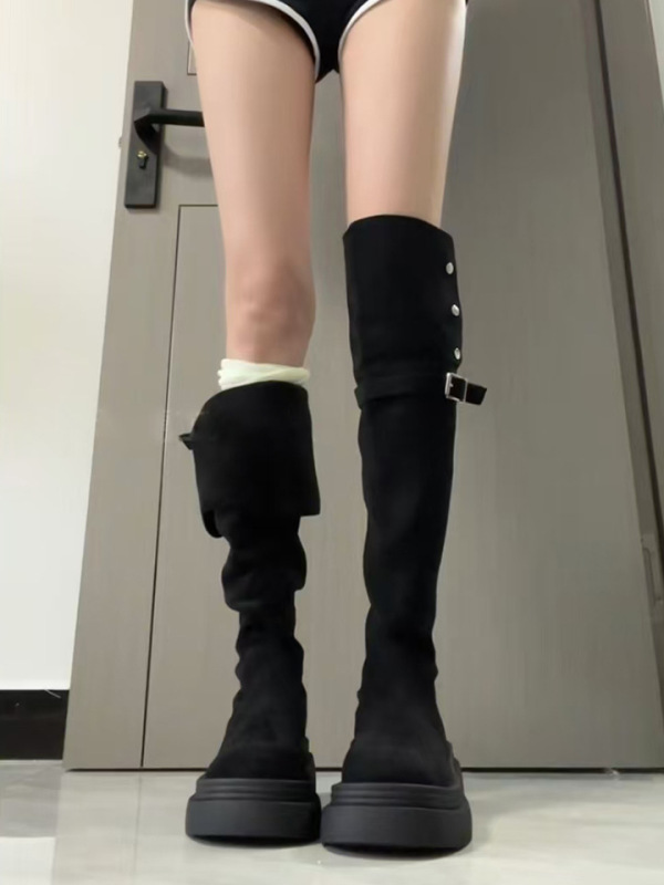 超软厚底长筒靴女2025秋季新款不过膝绒面长靴显瘦高筒骑士靴|undefined