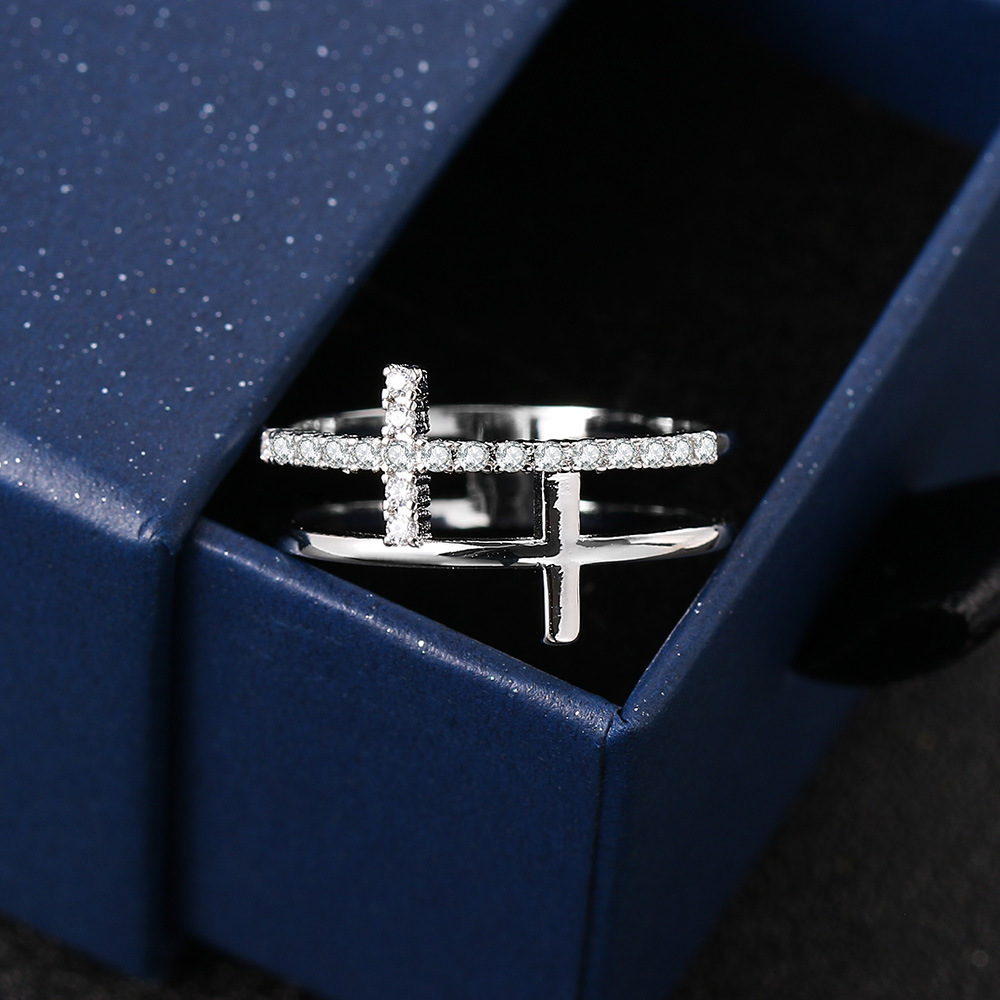 Double Cross Ring Gold Plated Zircon Wedding Ring For Couples_voghion.com