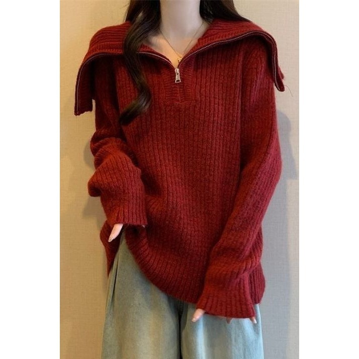 红色半拉链翻领毛衣女秋冬大码胖mm韩系chic上衣宽松慵懒风针织衫
