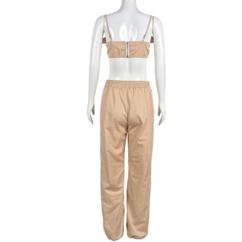 Spaghetti Straps Corset Niche Cropped Outfit Ankle Tied Trousers Drawstring Two Piece Set for Women