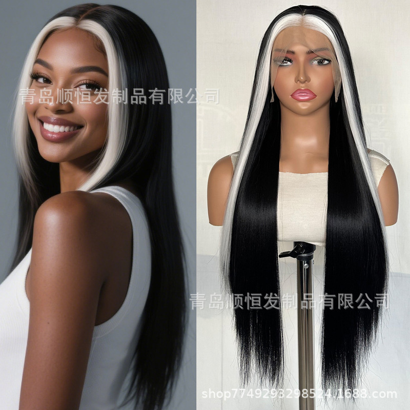 Women's Lace Front Wig, Hand-Crocheted, Black with White Highlights, Long Straight Hair, Heat-Resistant Synthetic Full Wig, Wholesale from Qingdao Factory