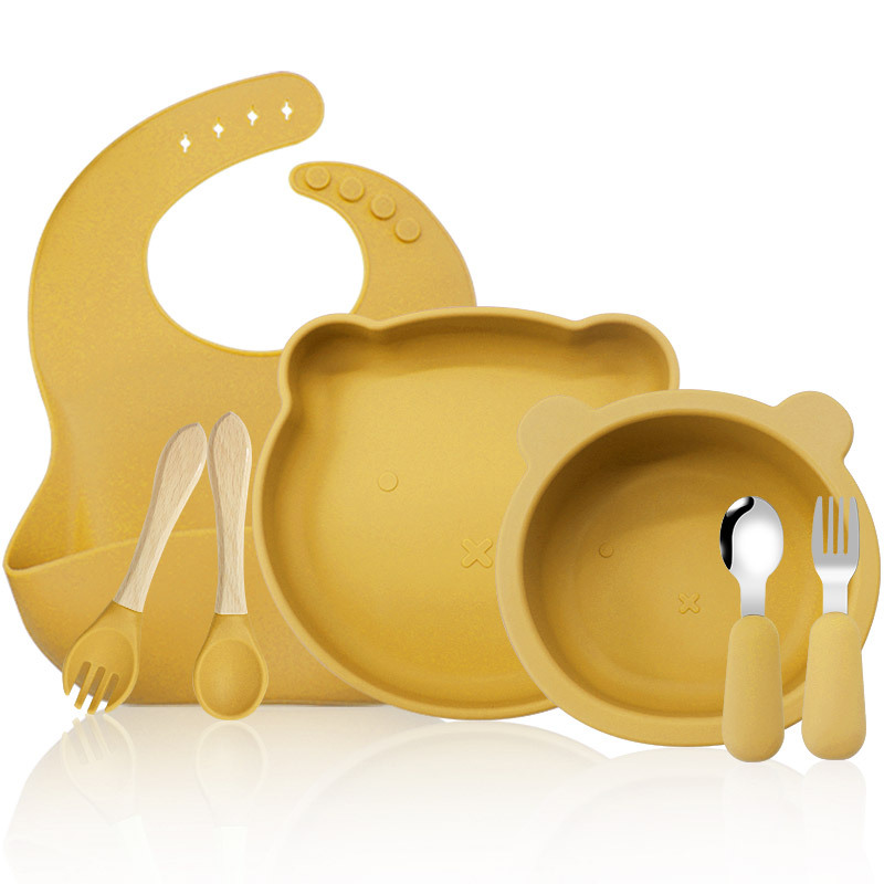 Oso vajilla traje de silicona para niños vajilla alimentación complementaria suministros para bebés 316 tenedor cuchara vajilla de grado alimenticio Tazón