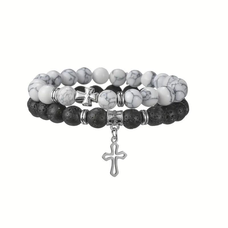Couple, Unisex Gender Enamel Design Casual Retro Cross Alloy Volcanic Rock Howlite Beaded Bracelets Wholesale