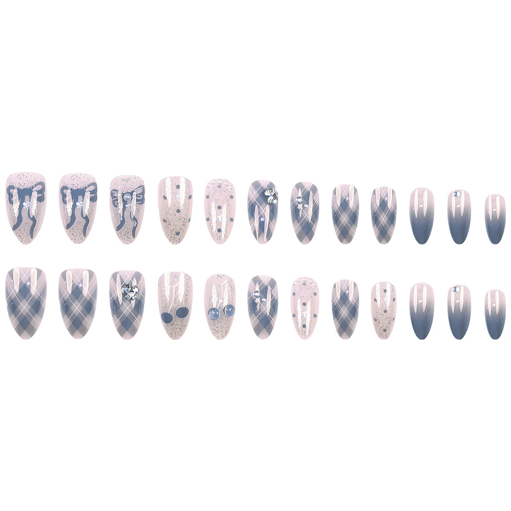 Polvo desnudo azul gris gradiente arco manicure polvo brillante ondulado punto de perforación manicure 24 piezas de parche de uñas falsas