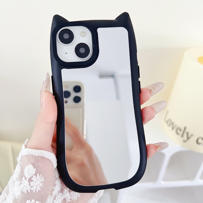 For iPhone15 Phone Case 14 Creative 13 Cat Ear Mirror Apple 12 Silicone 11 Makeup Protective Cover for Women