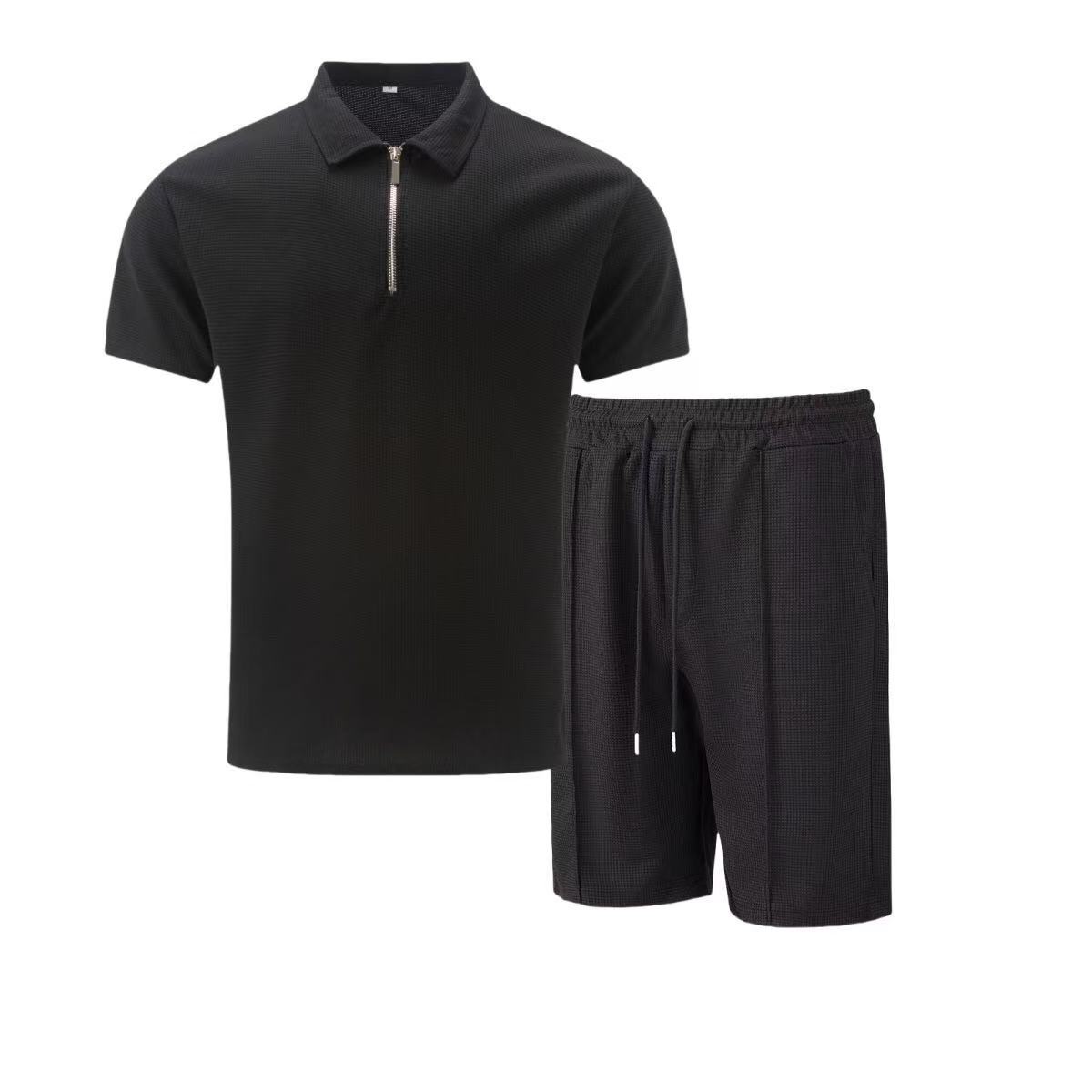 Men's Summer Waffle Texture T-shirt And Shorts Casual Set_voghion.com