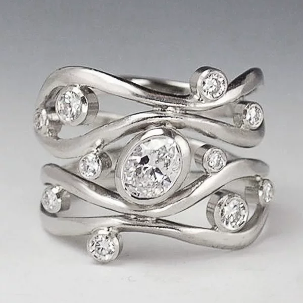 Huaya Cross-Border Fashion European and American Wide-Faced Creative Geometric Curve Zircon Platinum-Plated Ring Personalized Trend Hand Jewelry