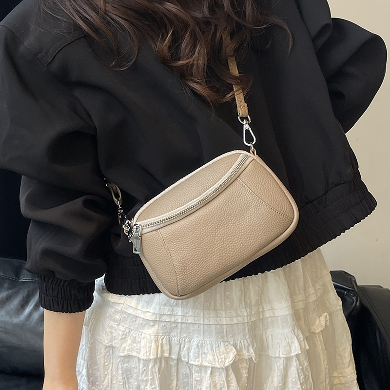 Genuine Leather Women's Handbag Summer New Fashion Simple Small Square Bag Retro Stylish Double Zipper Shoulder Crossbody Bag - Thumbnail 6