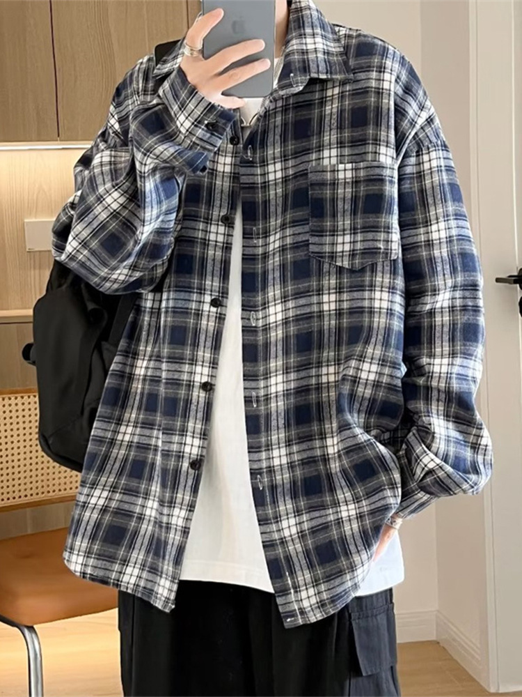 Camisa a cuadros japonesa de manga larga para hombres otoño nueva moda versátil juvenil casual ropa de trabajo suelta camisa chaqueta