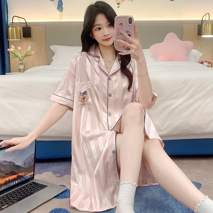 2025 nuevo jacquard hielo vestido de dormir mujer de verano de mangas cortas delgado lindos cardigan de seda vestido largo de verano