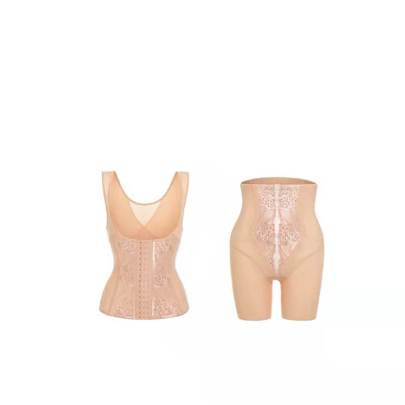 Split corrective bodysuit, set full-body for weight loss, trousers, waist belt, for beauty salons, with embroidery, high waist, 3 piece set