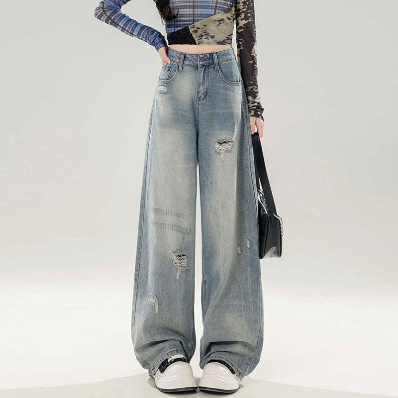 American Retro Ripped Jeans for Women, Summer 2026, Petite Straight Loose Floor-Length Wide-Leg Pants