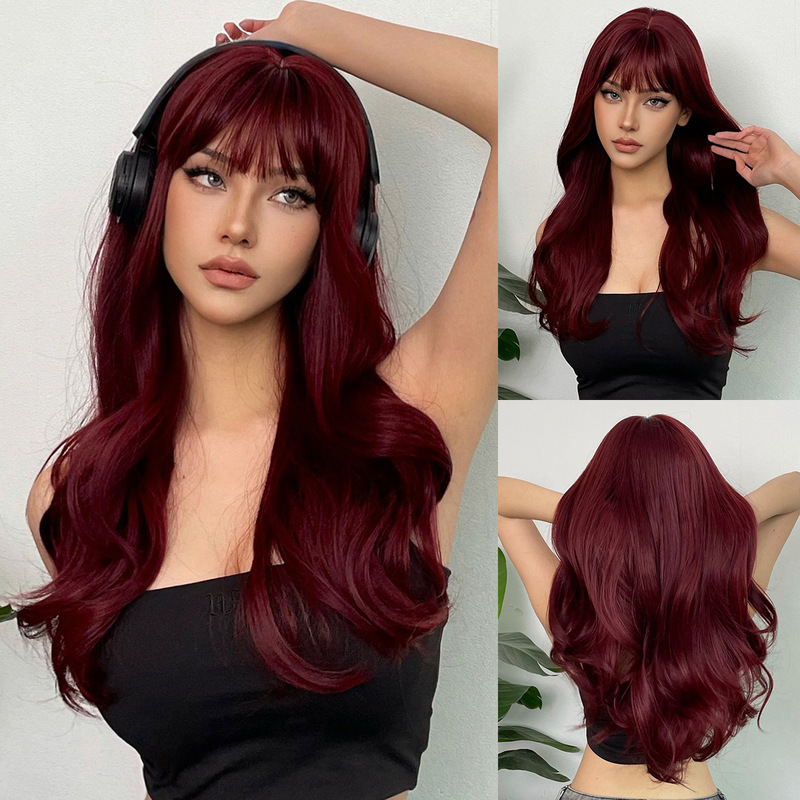 New wig wine red straight bangs big wave long curly hair full head cover factory cross-border wholesale wigs New wig wine red straight bangs big wave long curly hair full head cover factory cross-border wholesale wigs