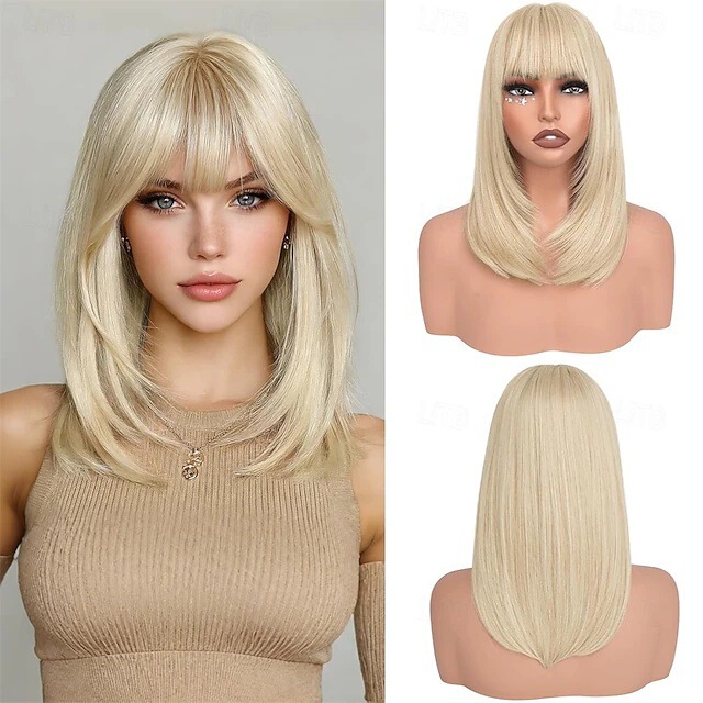 Golden Bangs Bob Wig, Shoulder-Length Straight, Natural Appearance, Synthetic, Heat-Resistant, European and American Fashion, Women's Daily Wig