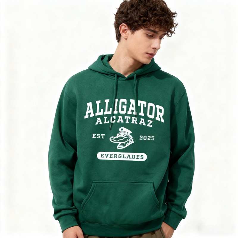 American Retro Letter Crocodile Print Hooded Loose Sweatshirt for Men, Autumn and Winter Fleece-Lined Casual Sweatshirt for Winter