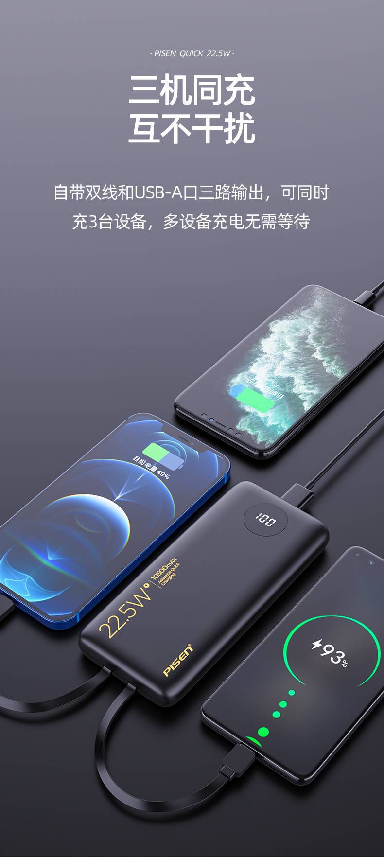 PISEN QUICK 自帶線22.5W快充電寶10500紙