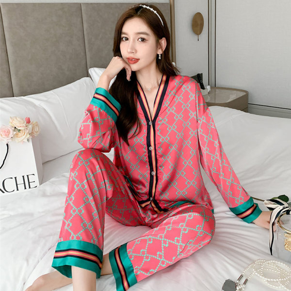 Factory direct 2024 new pajamas women's imitation silk suit spring and autumn ins wind suit V collar can be distributed wholesale
