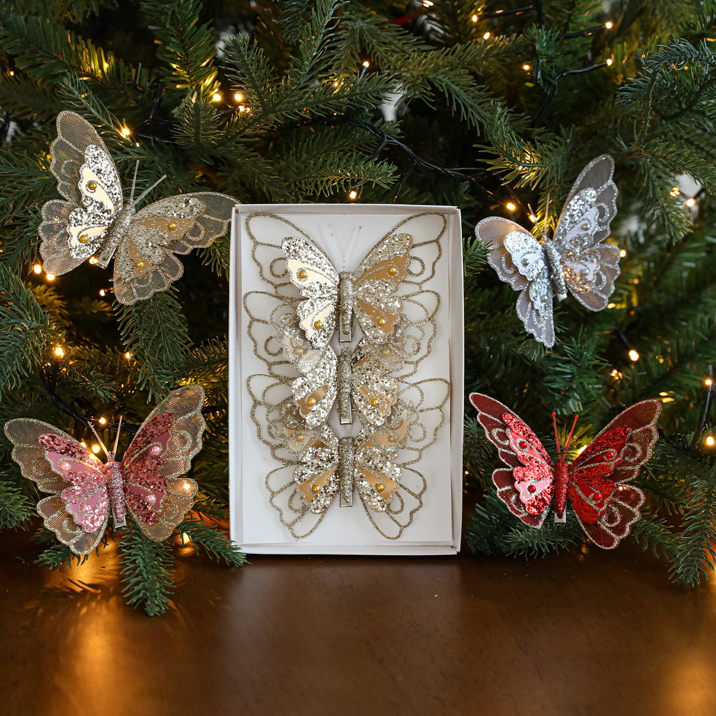 Nuevos productos de decoración de Navidad mariposa árbol de Navidad clip colgante polvo flash de malla de simulación colgante vacío decoración en stock