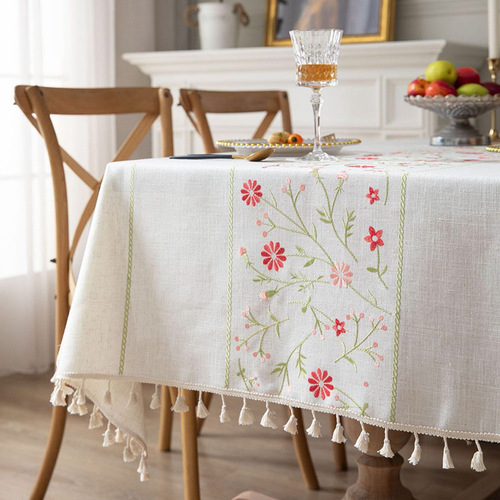 Modern simple embroidered cotton and linen fabric white small floral pastoral French home Western restaurant tablecloth tablecloth