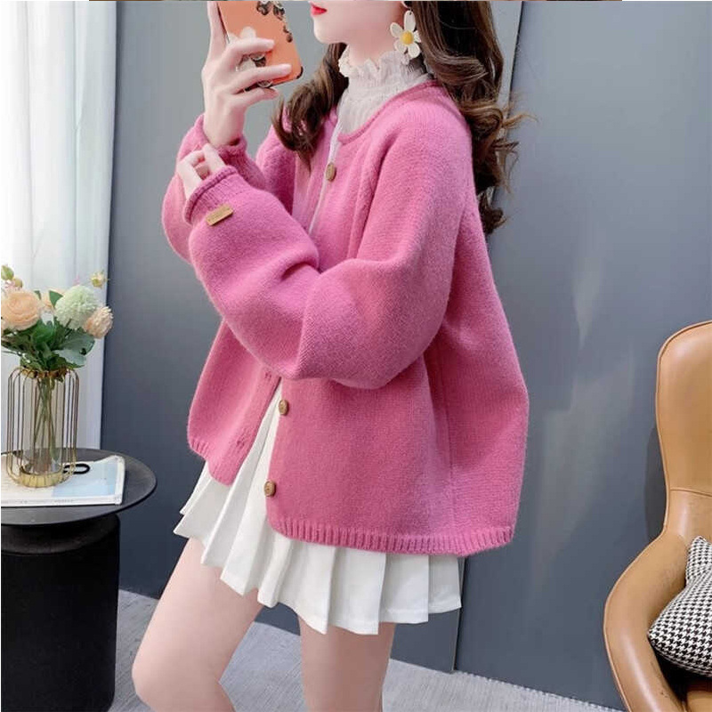 Rose Pink Sweater Jacket for Women Spring & Fall 2025 New European Hot Style Loose Slimming Look Knitted Cardigan for Small People