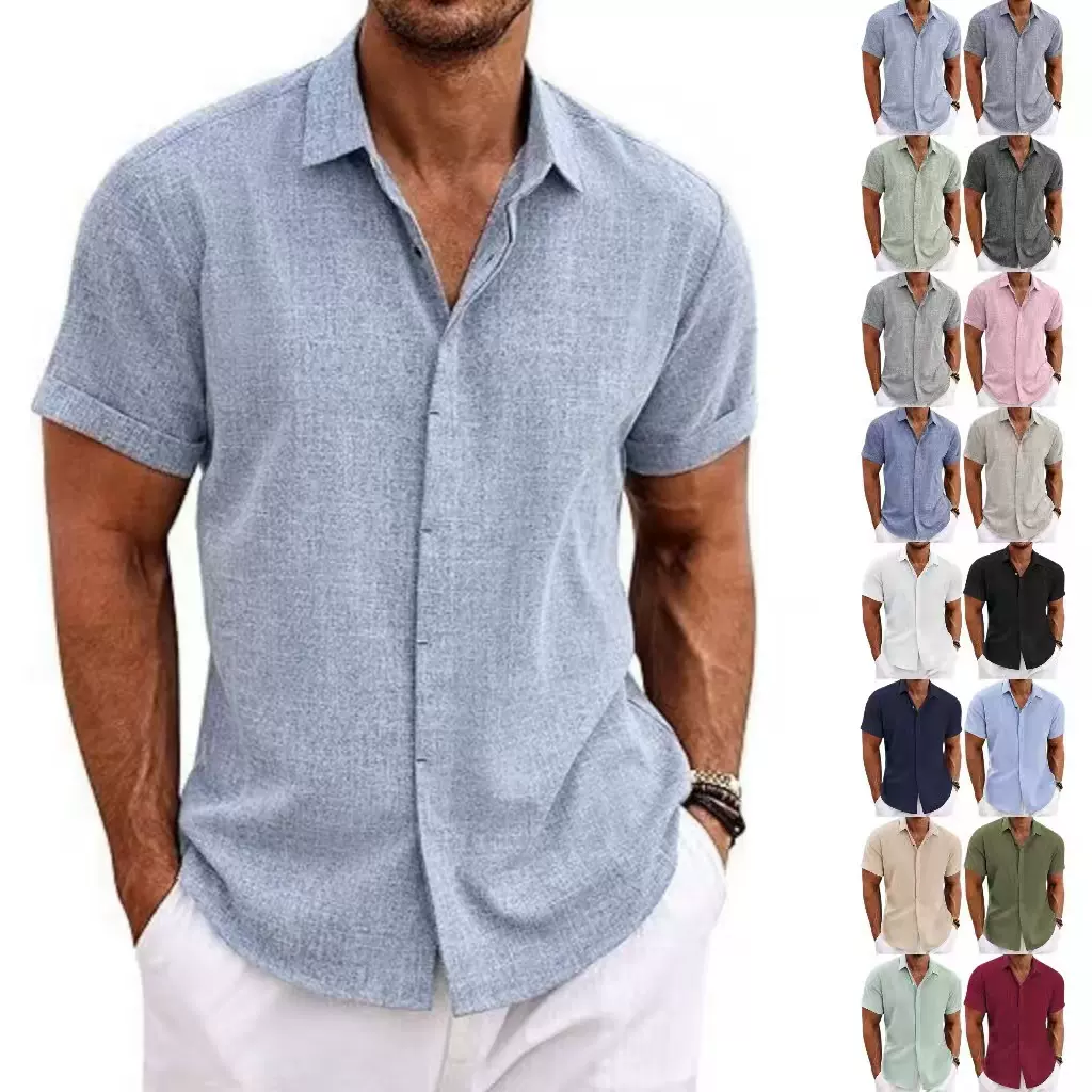 2024欧美跨境亚马逊新外贸男式衬衫短袖休闲系扣衬衫男士沙滩夏季