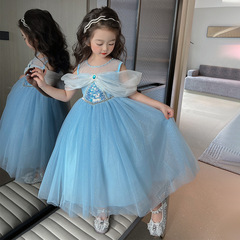 Girls Elsa Princess Dress 2023 Summer Style Little Girl Fashionable Off-Shoulder Mesh Dress Birthday Dress