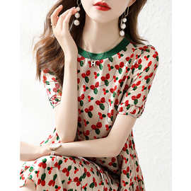 跨境外贸樱桃碎花茶歇裙气质时尚小清新印花裙子雪纺通勤圆领连衣