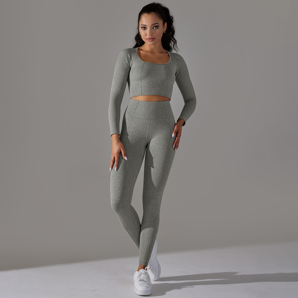 Women's Jacquard Yoga Dress Long Sleeve Suit High Waist Hip Tights Fitness Sportswear_voghion.com