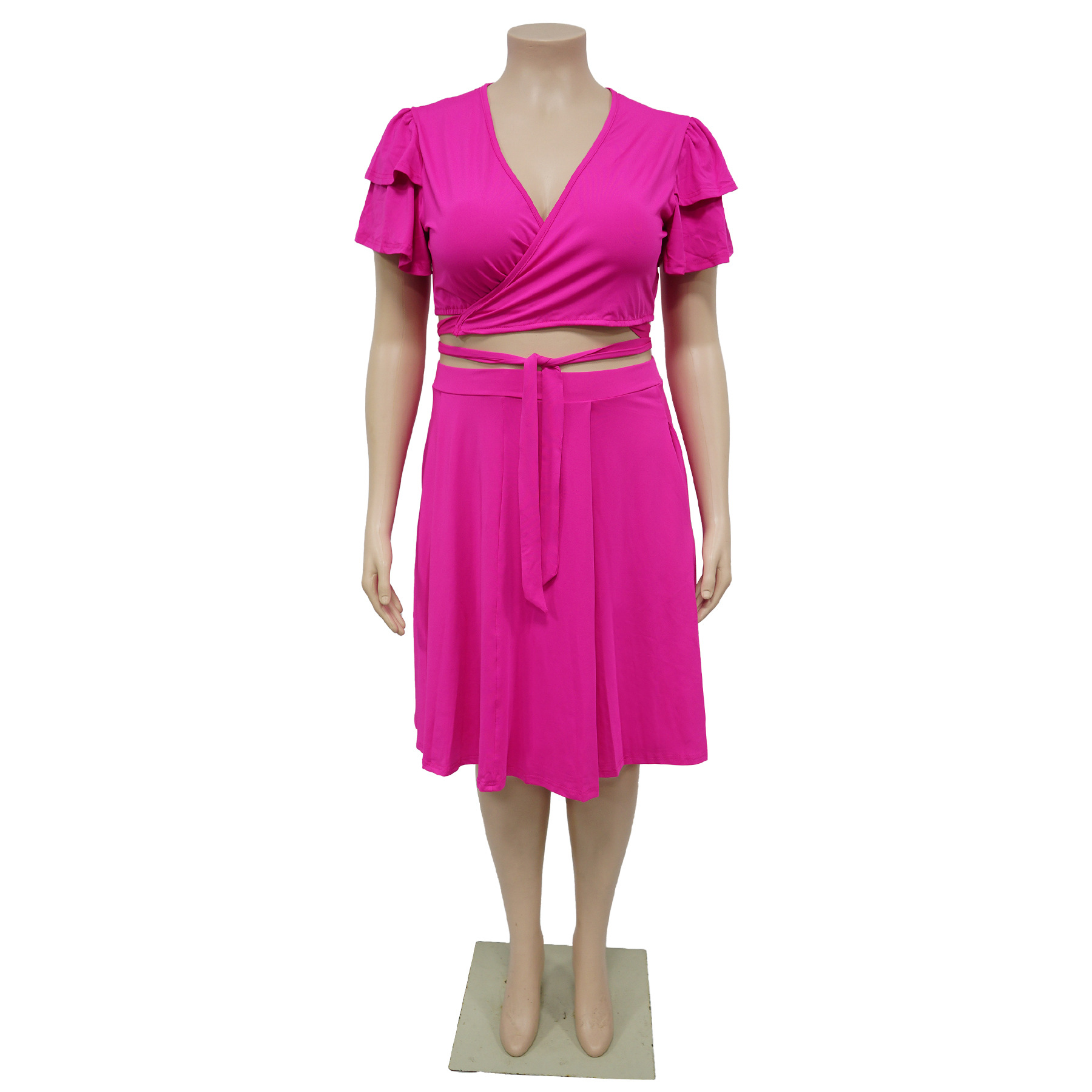 385g Weight Short Sleeve Sleeve Length Spandex Fabric Type Skirt Co-ord Set Sets Type 2 Pieces Set Quantity Daily Occasion V Neck Neckline Regular Fit Fit Type Solid Color Pattern Summer Season Pleated Design Casual Style Daily Casual Solid Color Spandex Pleated Skirt Co-ord Set Plus Size Two-piece Sets 2