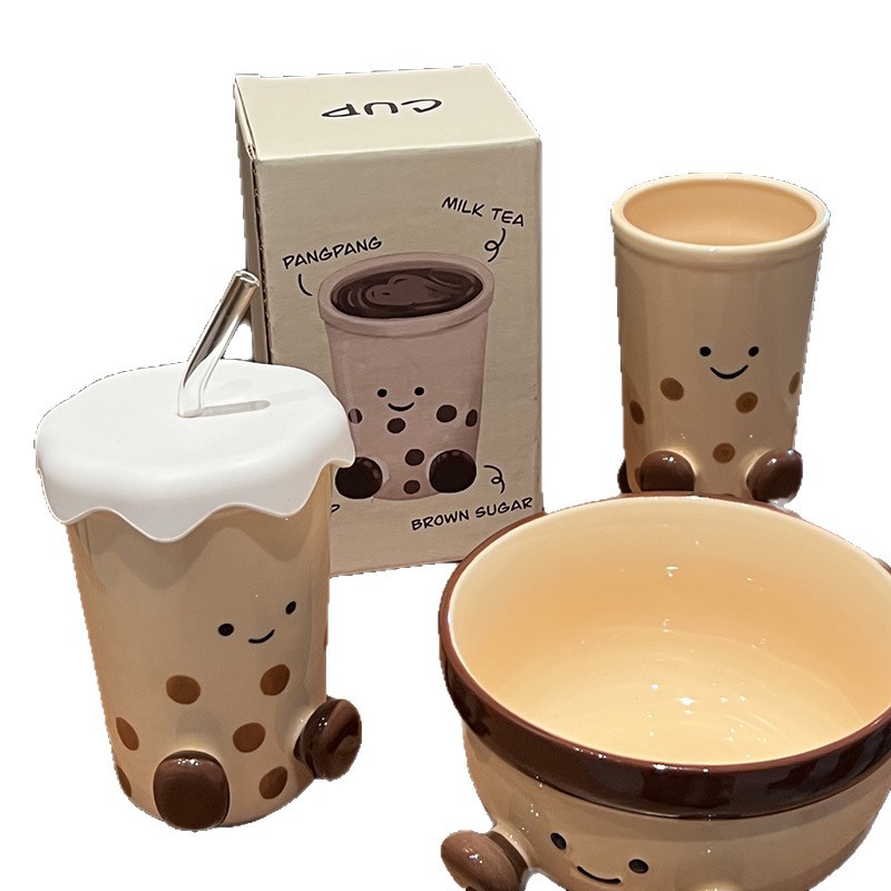 Taza de té con leche de cerámica creativa de Shanen, linda taza de té con leche de oficina doméstica en caja de papel de nicho de color bajo vidriado pintado a mano