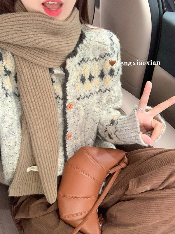 曾小咸 早秋灰色费尔岛毛衣外套女秋冬外穿宽松慵懒针织开衫上衣|undefined
