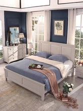 乐品居美式轻奢实木双人床现代简约婚床卧室浅灰色单人床床头柜