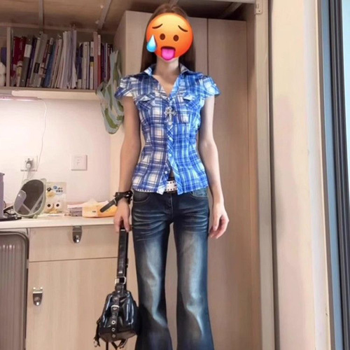Tall, blue and white, American, retro, low-waisted, slightly skinned, hot-skinned plaid shirt that doesn't fit the legs
