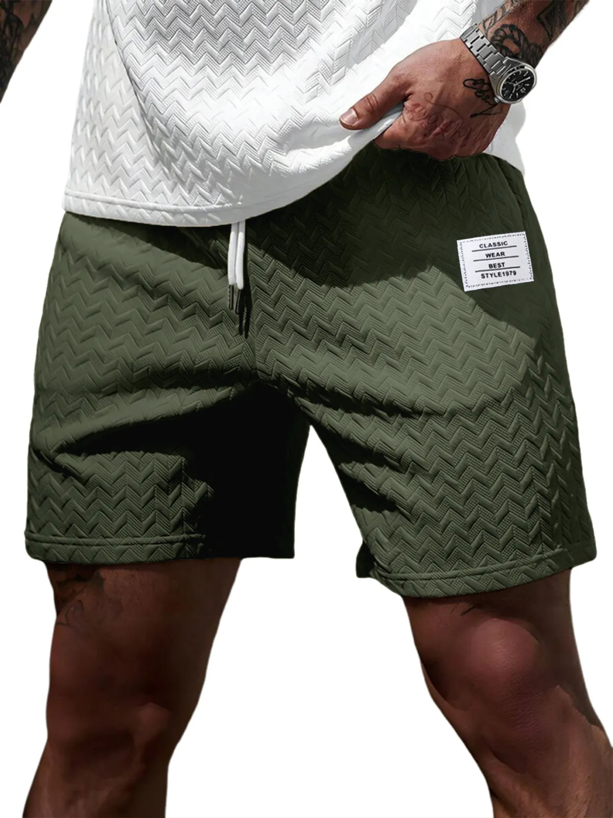 Short d'été décontracté pour homme, coupe ample, couleur unie, tissu jacquard, cordon de serrage, style plage, pour occasions formelles et décontractées._voghion.com