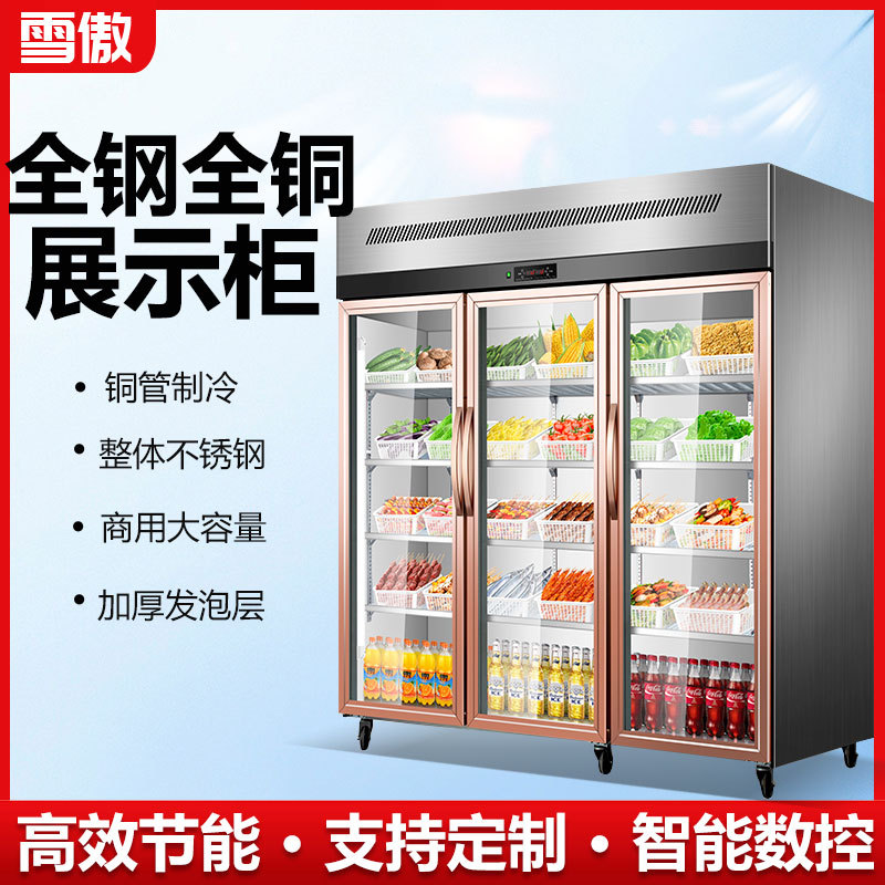 Three-Door Refrigerated Display Cabinet Vertical Frozen Commercial Skewers Braised Vegetables and Fruits Barbecue Ordering Fresh-Keeping Cabinet