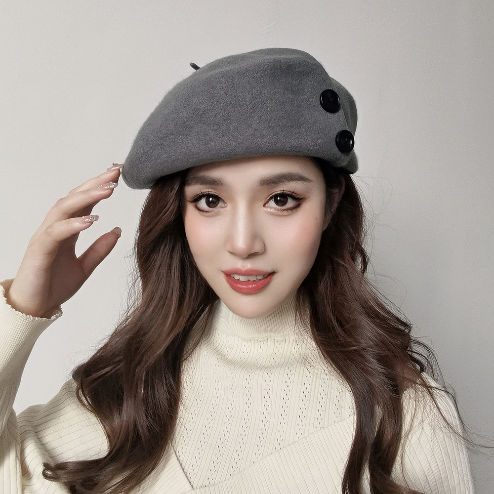 Autumn and winter fashion casual warm button decoration plus large elastic sweatband wool beret painter trendy hat_viptrois.com