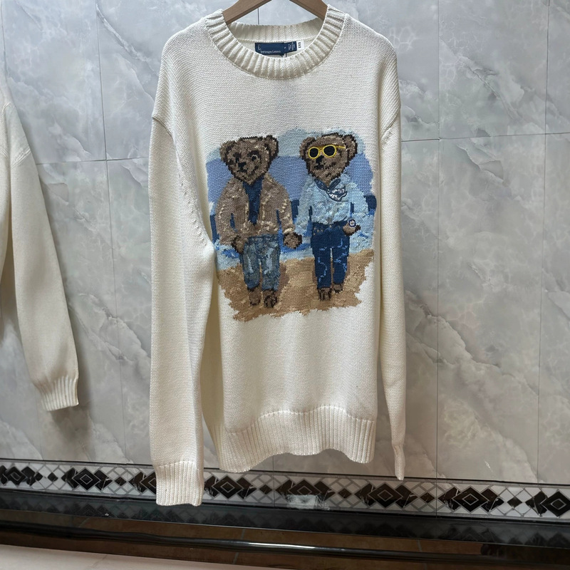 Rl Ralph New Style Double Bear Embroidery Loose Ins Casual Pure Cotton Roll-Neck Pullover Long-Sleeve Knit Sweater for Women