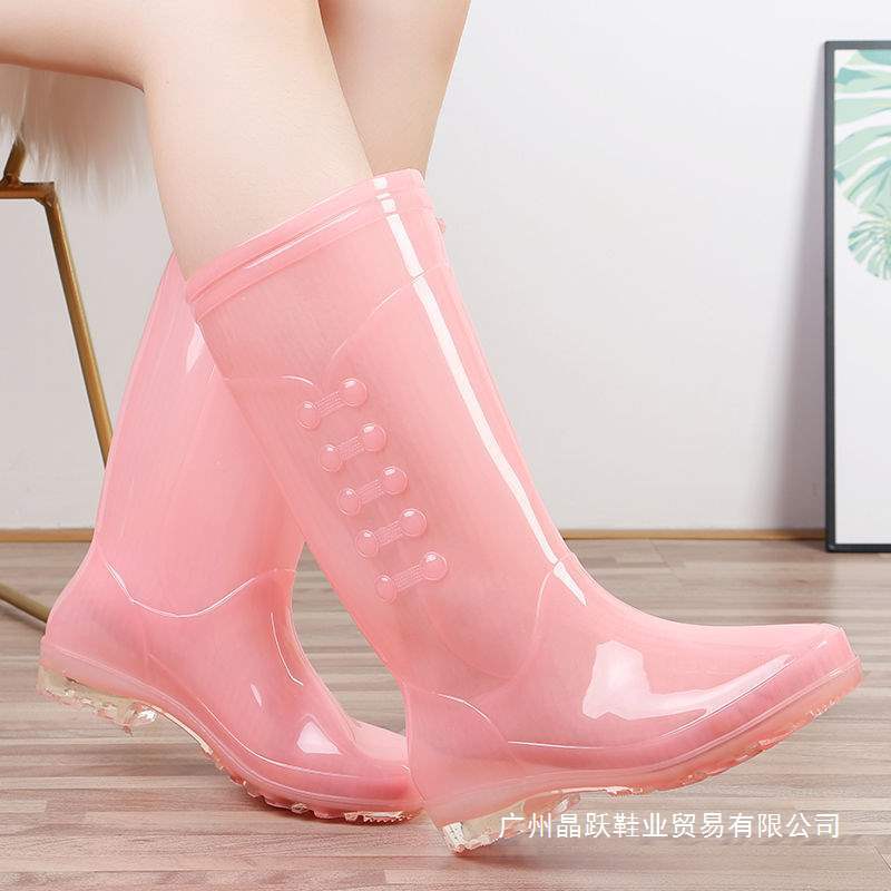 Botas de lluvia de gelatina de tubo alto, botas de lluvia de caramelo de tubo largo antideslizantes para mujer, zapatos de goma de agua, botas de agua de cuatro estaciones para mujer, zapatos de agua para adultos para mujer