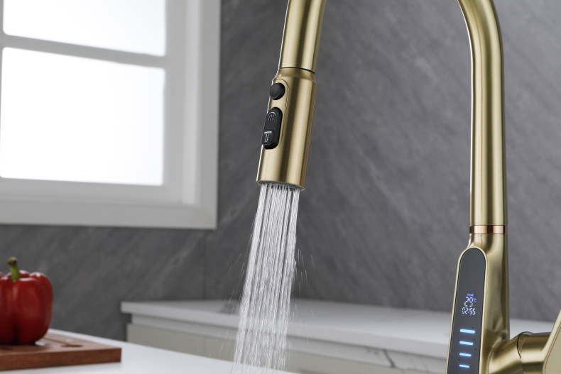 Konishi hydroelectric power digital display kitchen faucet pull-out sink faucet with brushed gold color undefined