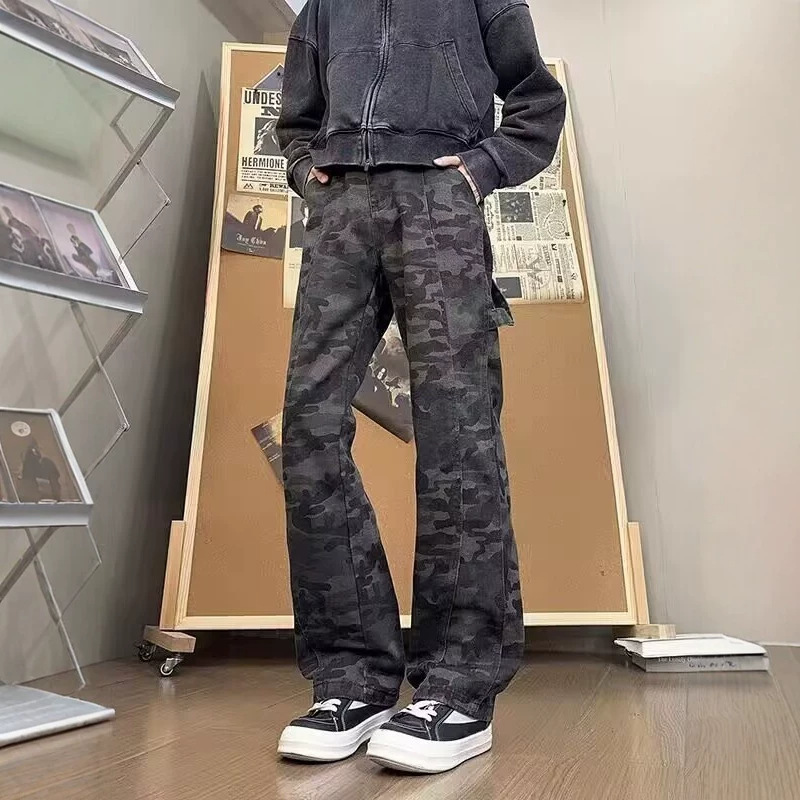 봄 하이 스트리트 마이크로 라 바지 미국 위장 청바지 남성 스트레이트 바이브 디자인 고급 센스 공장 아울렛