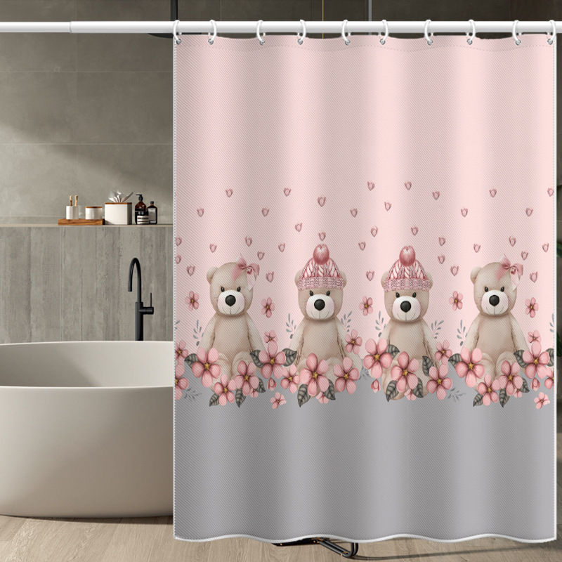 Bathroom Waterproof Shower Pink Bear Pattern, Polyester Fabric, No-drill Installation Set, Thickened, Mold-resistant_voghion.com