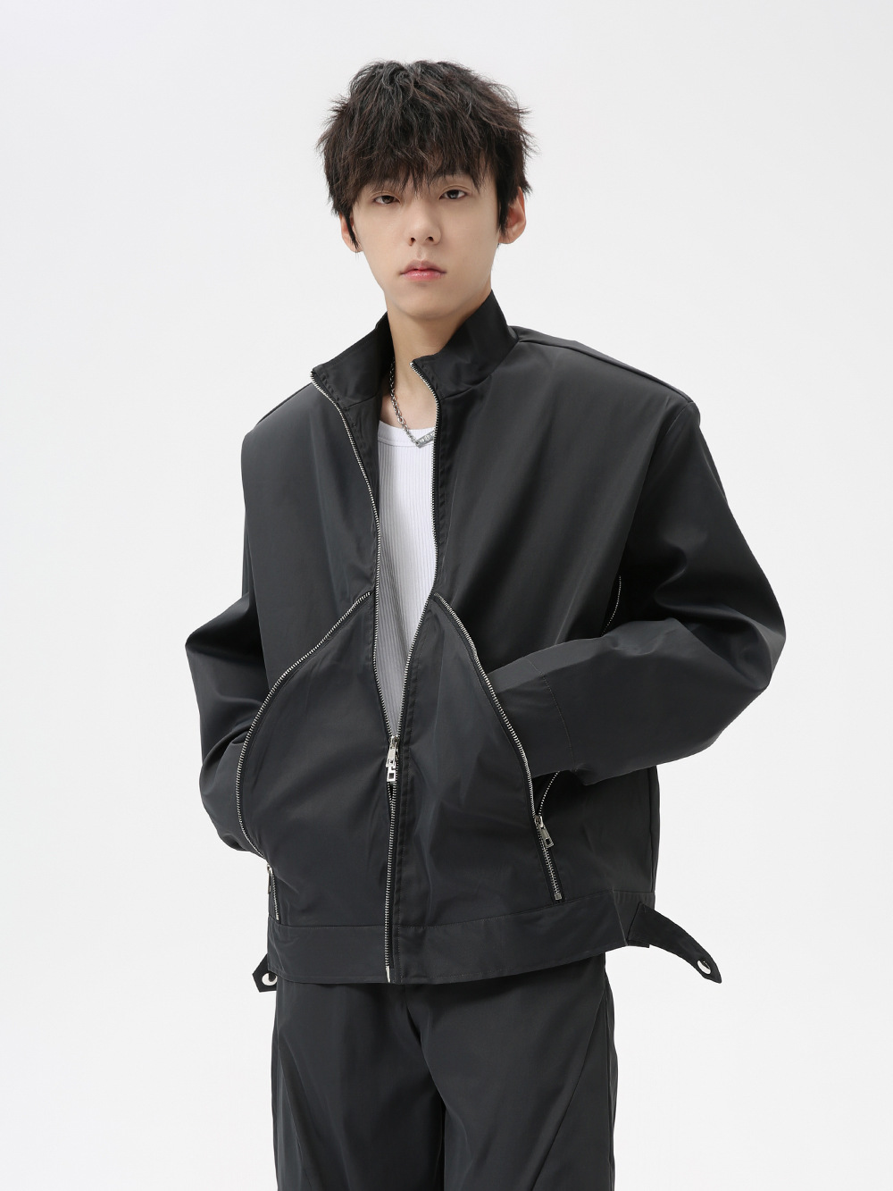 MTLCLOTHES Hombres| 2024 otoño nuevo nicho cremallera irregular chaqueta corta chaqueta set de moda