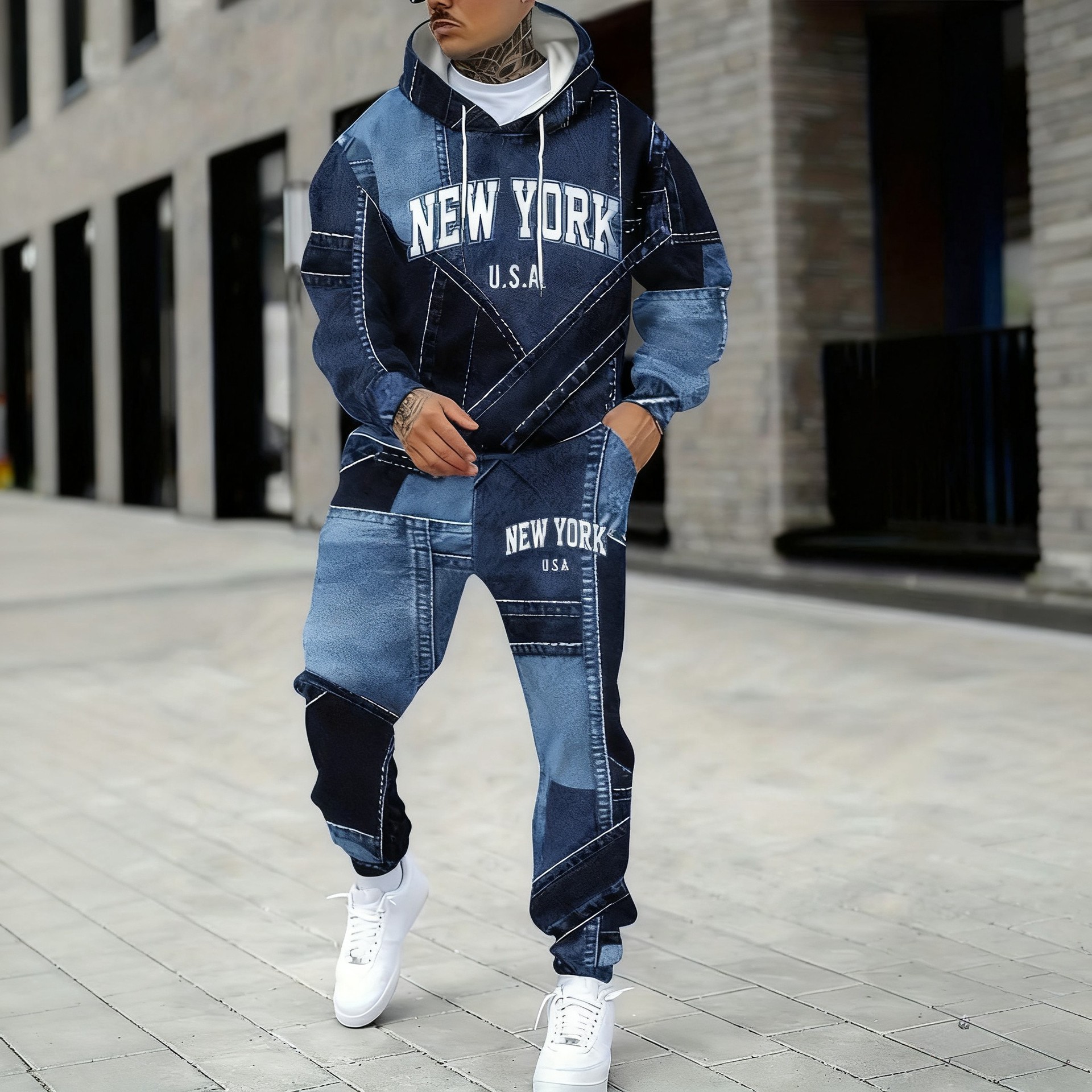 Ensemble sweat à capuche et jogging homme effet denim noir_voghion.com