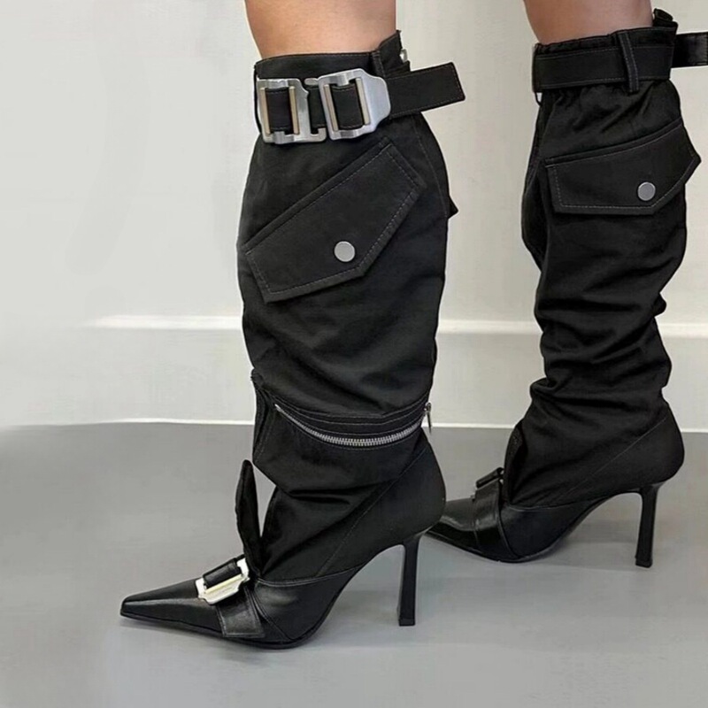 2023 autumn and winter high heel pointed knee-length belt buckle boots European and American Foreign trade Women's large size shoes cross-border Amazon