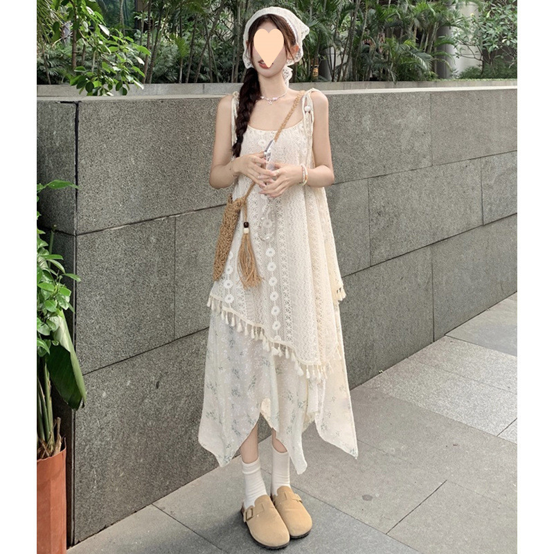 海边度假风假两件吊带连衣裙女夏气质仙印花流苏不规则沙滩长裙|undefined