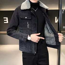 加绒加厚牛仔外套男2023冬季新款潮流修身帅气羊羔毛棉衣翻领夹克