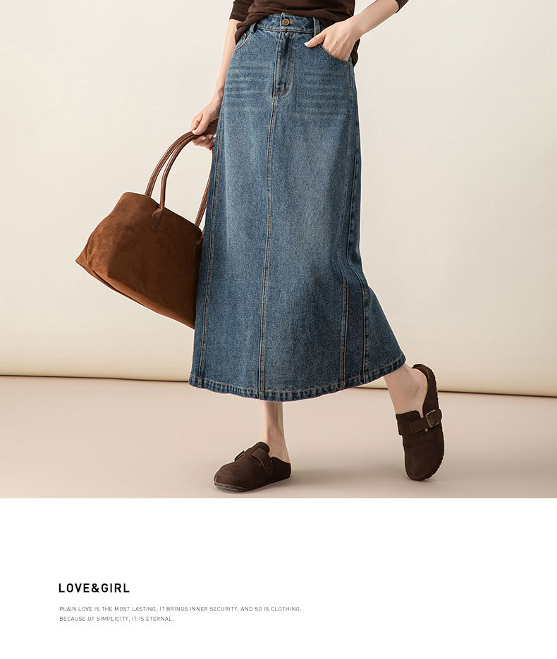 Chân váy denim Lyocell nữ cạp cao dáng A xẻ tà dài trung bình — màu xanh chi tiết 20