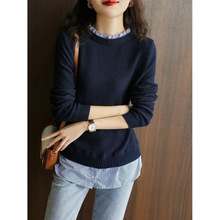 欧货2021年秋冬木耳边立领桂花针假两件女上衣针织衫百搭通勤外穿