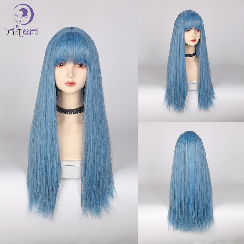 New Fashionable Mermaid Blue Wig with Bangs for Women with Long Straight Hair Xiaohongshu Wig Replacement Recommended Factory Supply